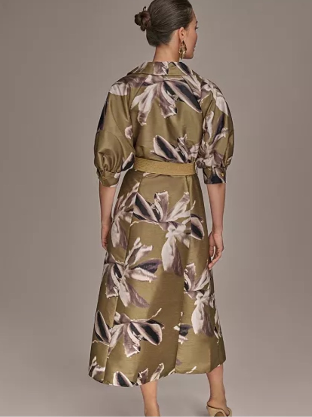 Donna Karan New York Olive Floral Belted Midi Shirt Dress NWT Size 10 - Picture 2 of 12